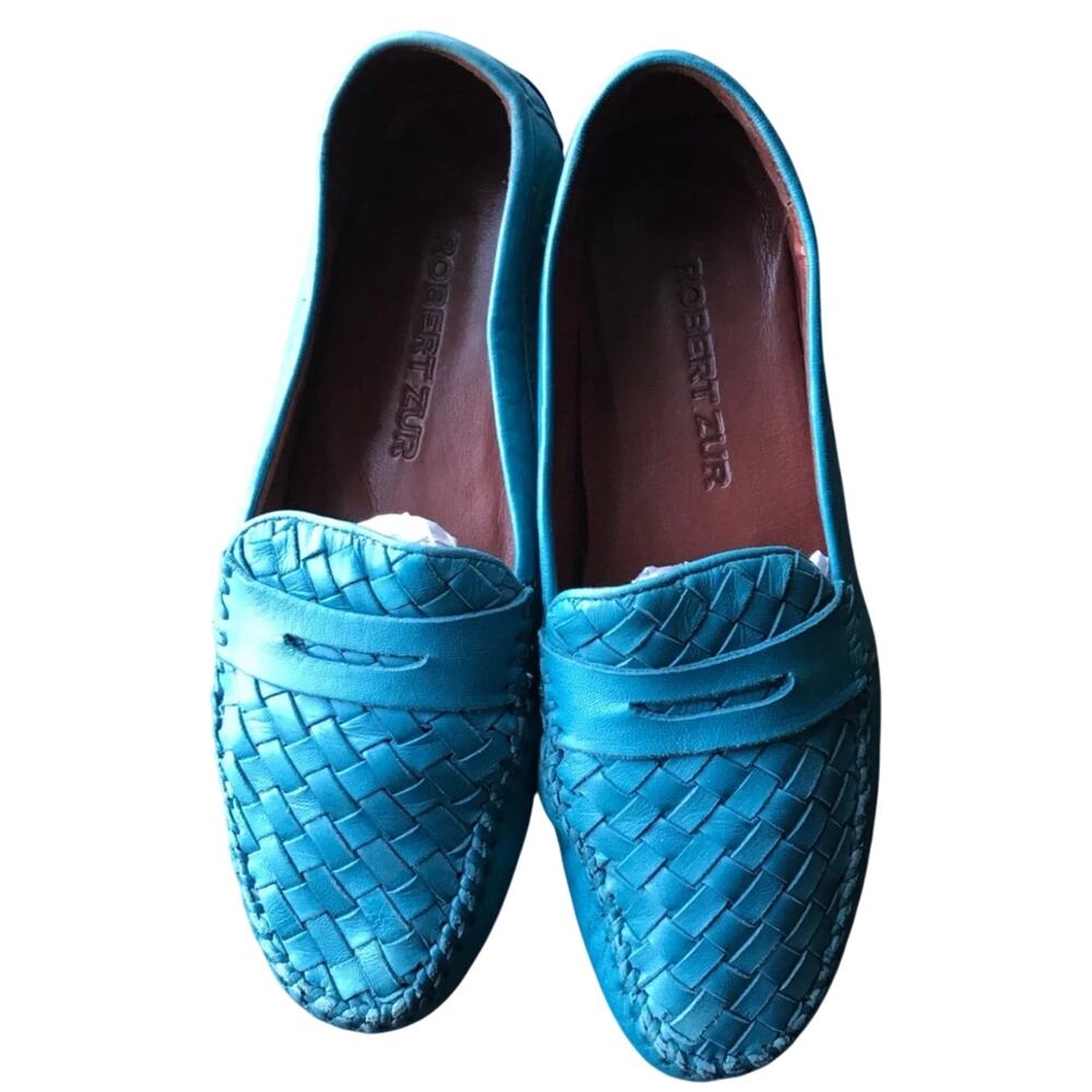 Robert Zur Petra Teal Woven Driving Loafers Penny Moccasin Turquoise Blue